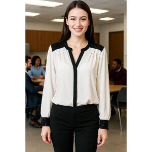 Alfani Cream Silky Blouse Black Studded Shoulders & Cuffs Size 12